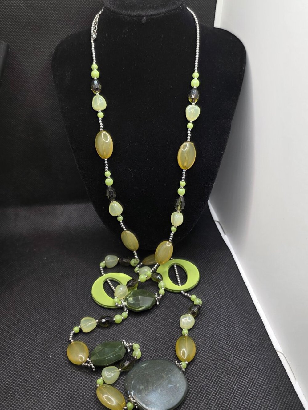 Lane Bryant Long Statement Necklace 42-46" Green Silver Tone Acrylic Bead Boho